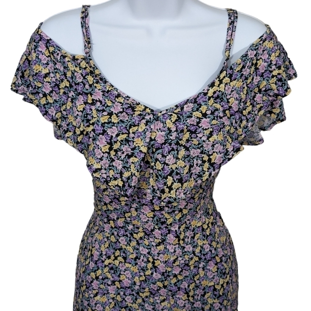 REWIND Purple Blue Aqua Sky Floral Off Shoulder High Low Unique Dress Summer - Picture 8 of 11